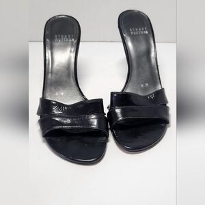 “Stuart Weitzman Black Leather Slide Sandals Women’s Size 6M Designer Heels Mule